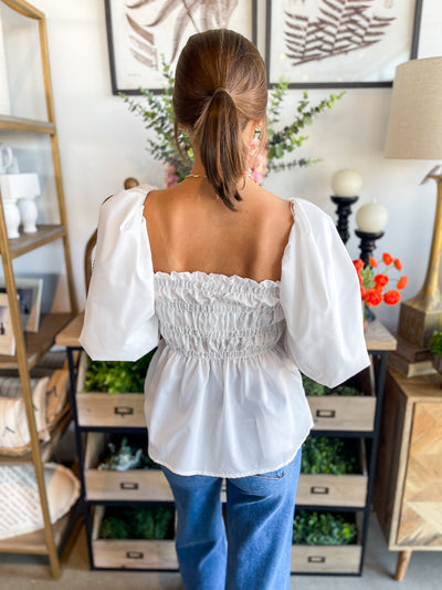 White Kinsley Smocked Bubble Sleeve Top