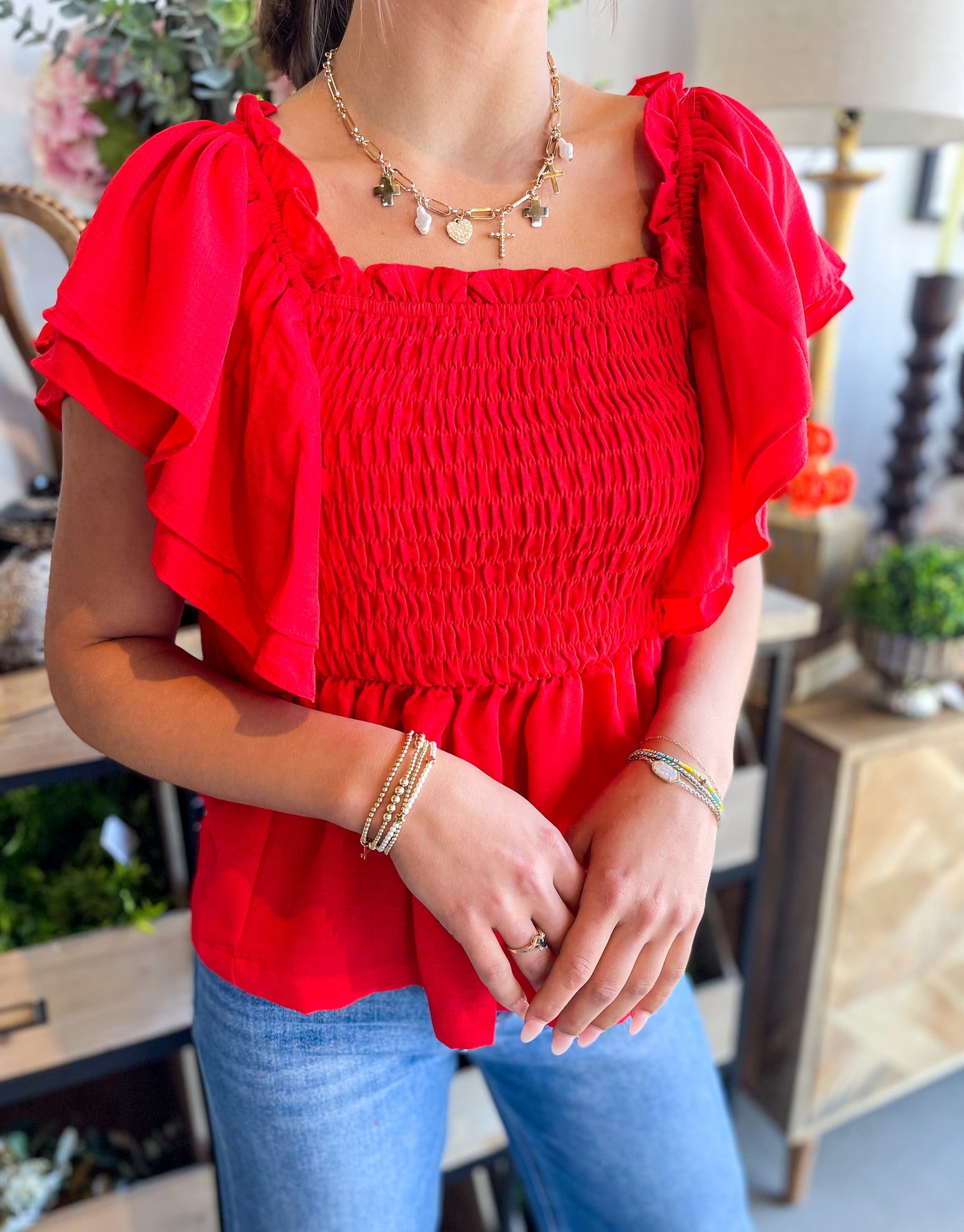Red Kierra Flounce Sleeve Smocked Top