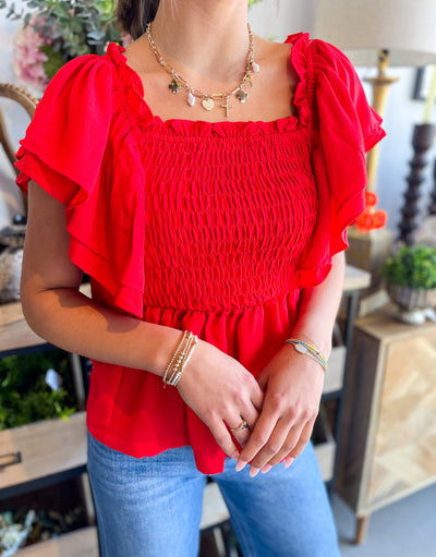 Red Kierra Flounce Sleeve Smocked Top