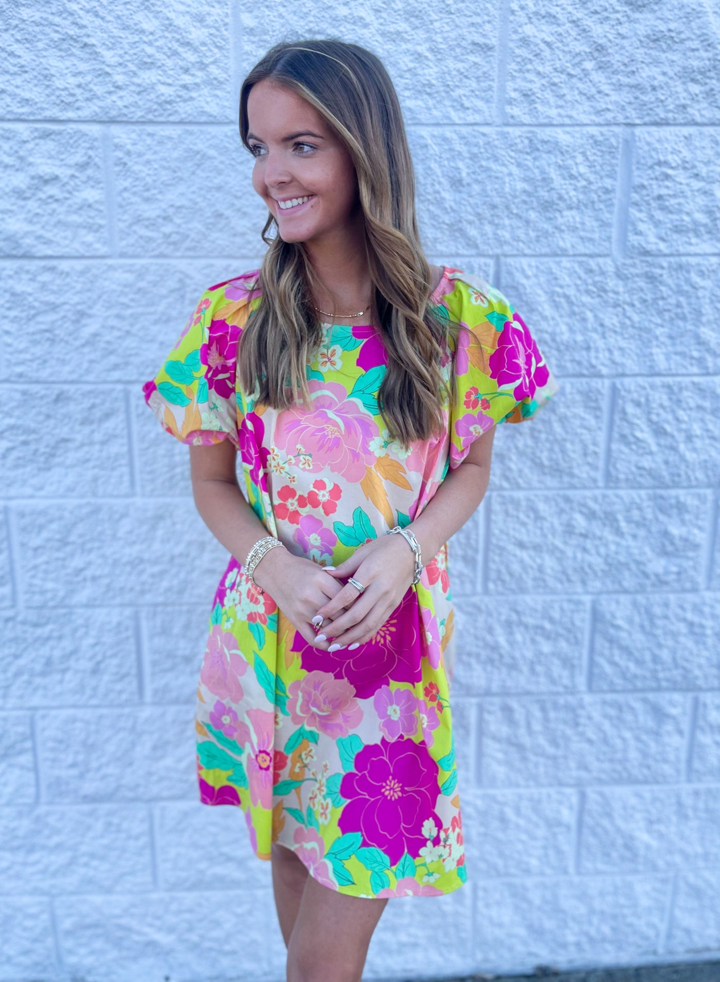 Easel Magenta Lime Iris Dress