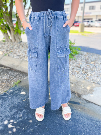 French Terry Charcoal Cargo Wide Leg Pants