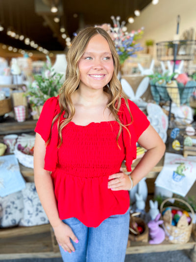 Red Kierra Flounce Sleeve Smocked Top