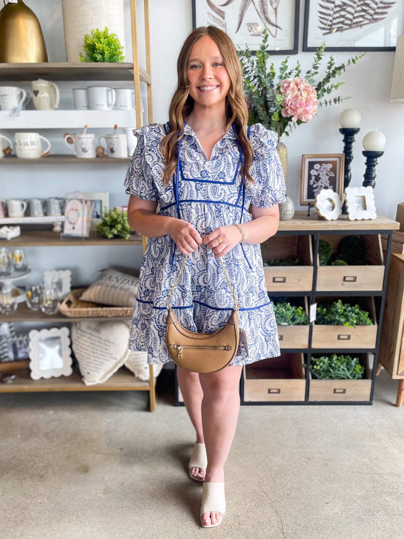 White Blue Puff Sleeve Matti Dress