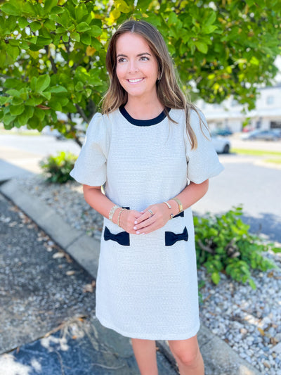 Voy Tweed Puff Sleeve Pocket Dress