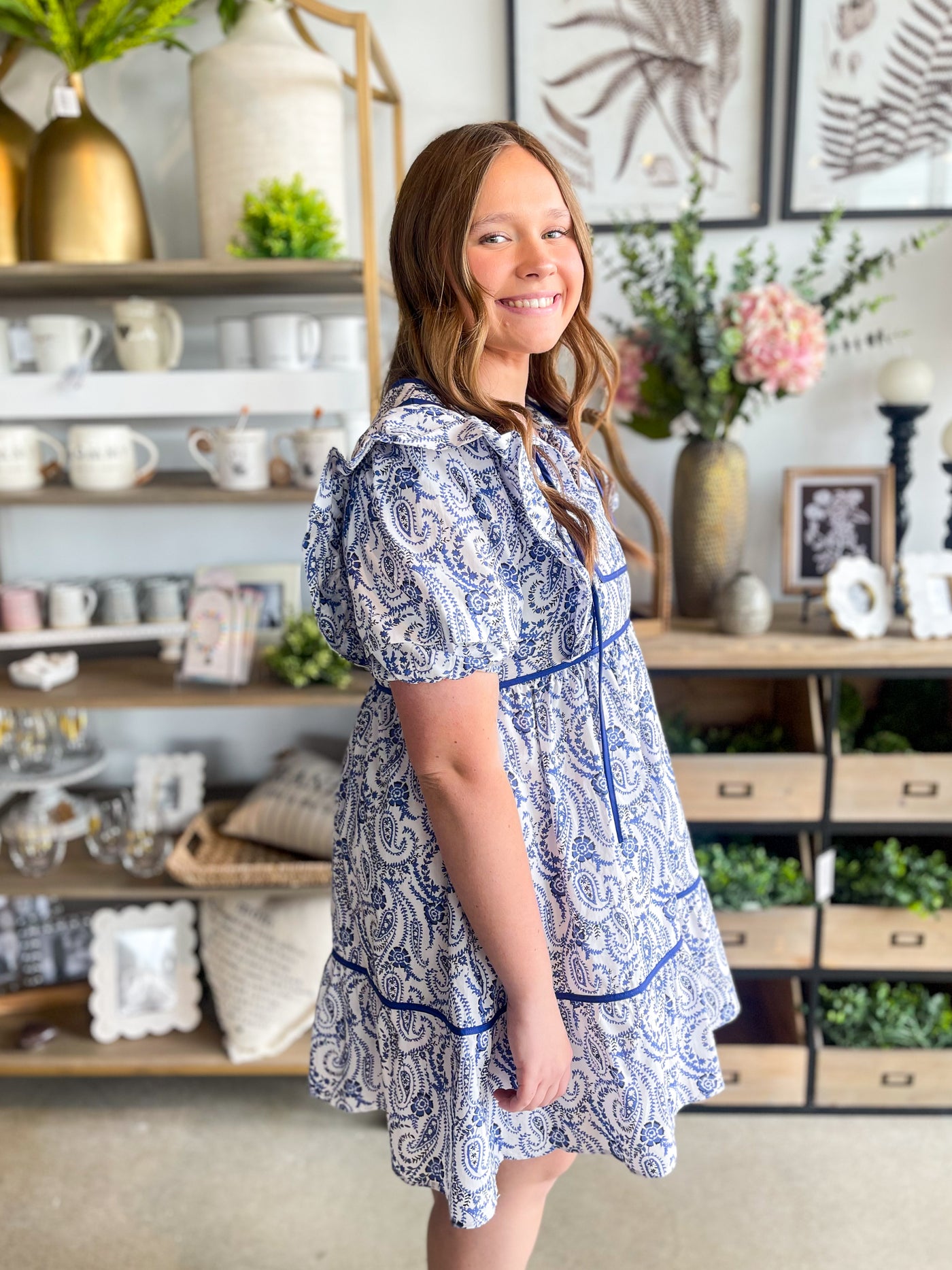 White Blue Puff Sleeve Matti Dress