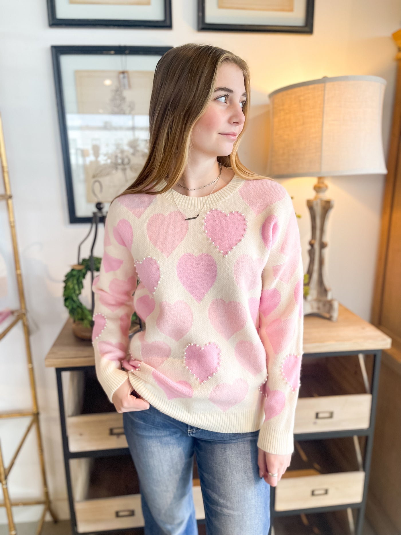 Pink with Pearl Heart Sweater