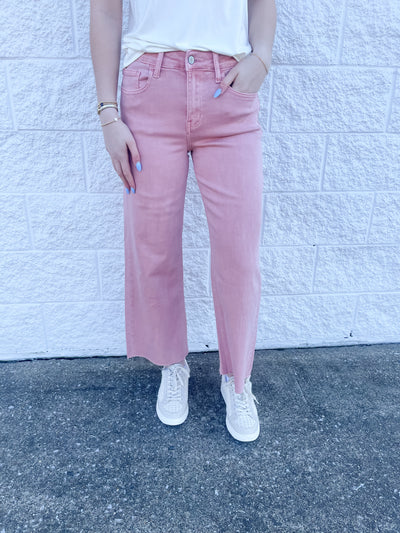 Olivia Silver Pink High Rise Crop Wide Leg Denim