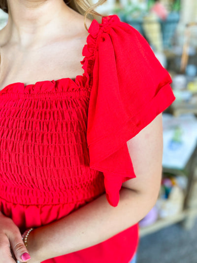 Red Kierra Flounce Sleeve Smocked Top