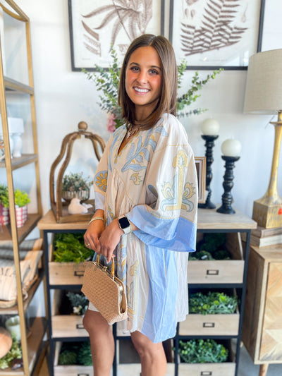 Zia Taupe Blue Embroidered Dress