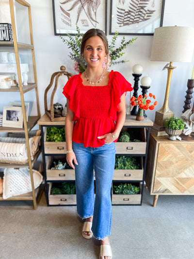 Red Kierra Flounce Sleeve Smocked Top