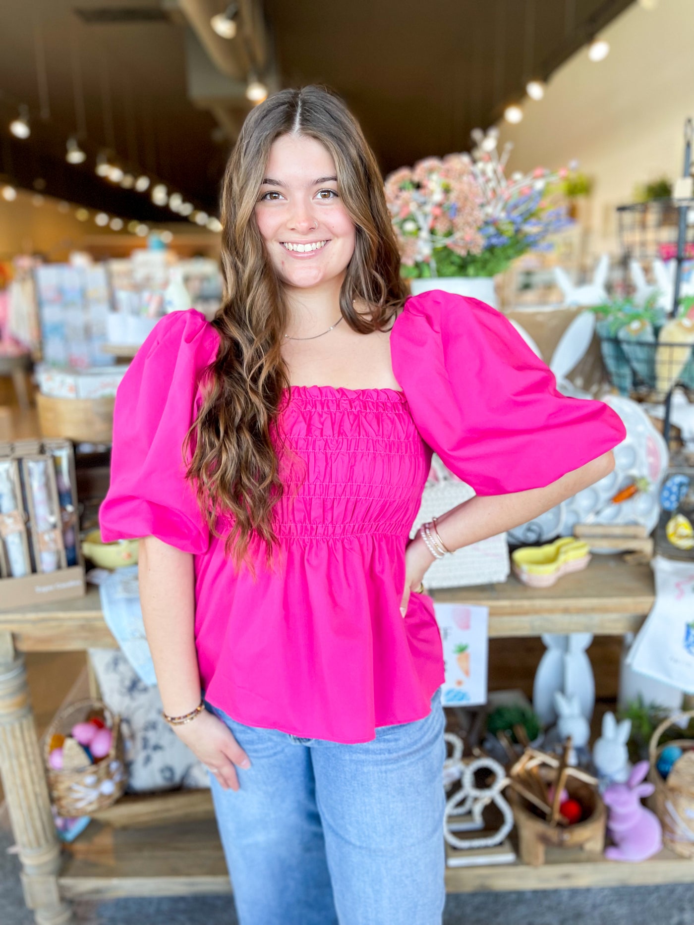 Pink Kinsley Smocked Bubble Sleeve Top