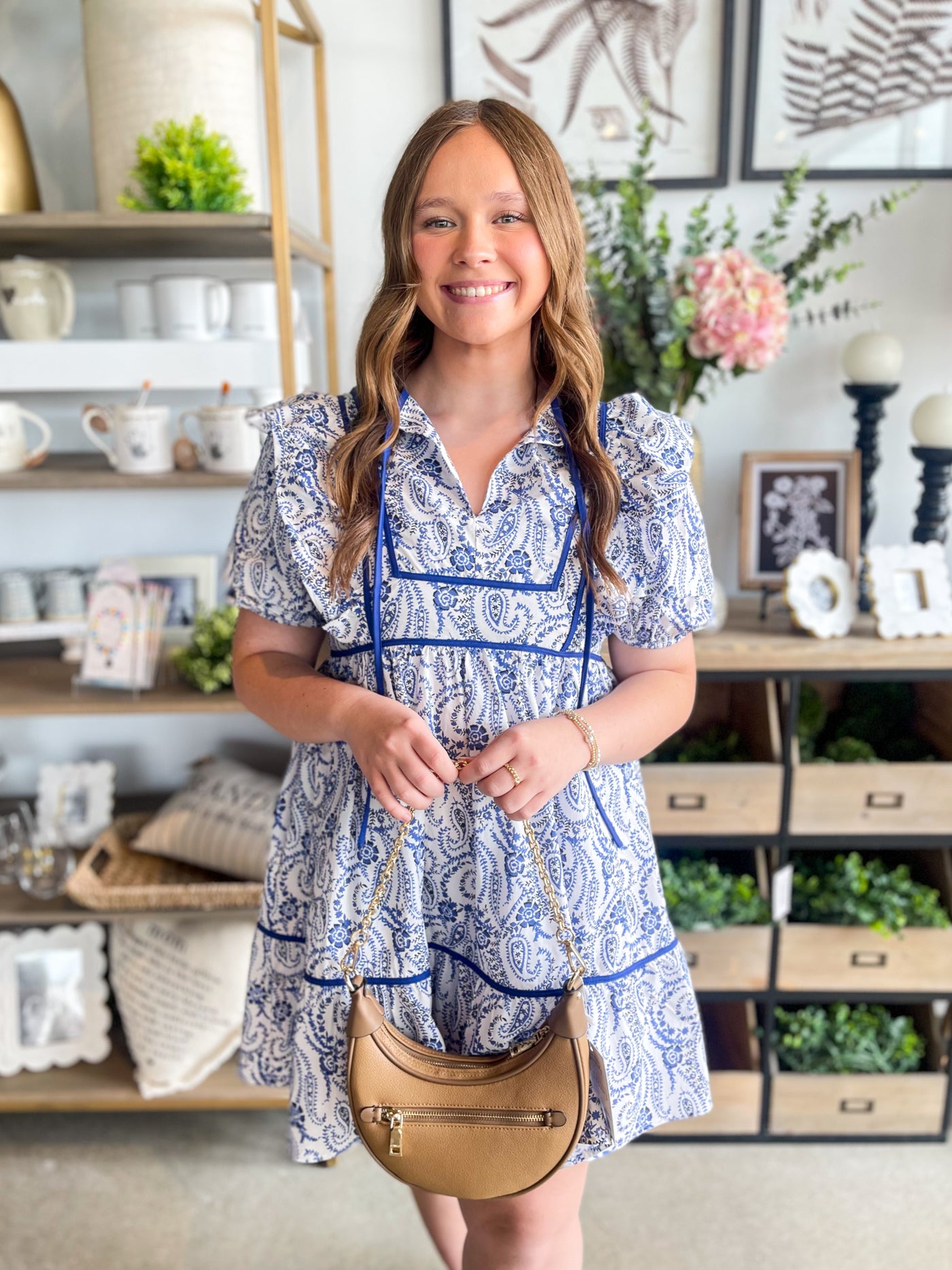 White Blue Puff Sleeve Matti Dress