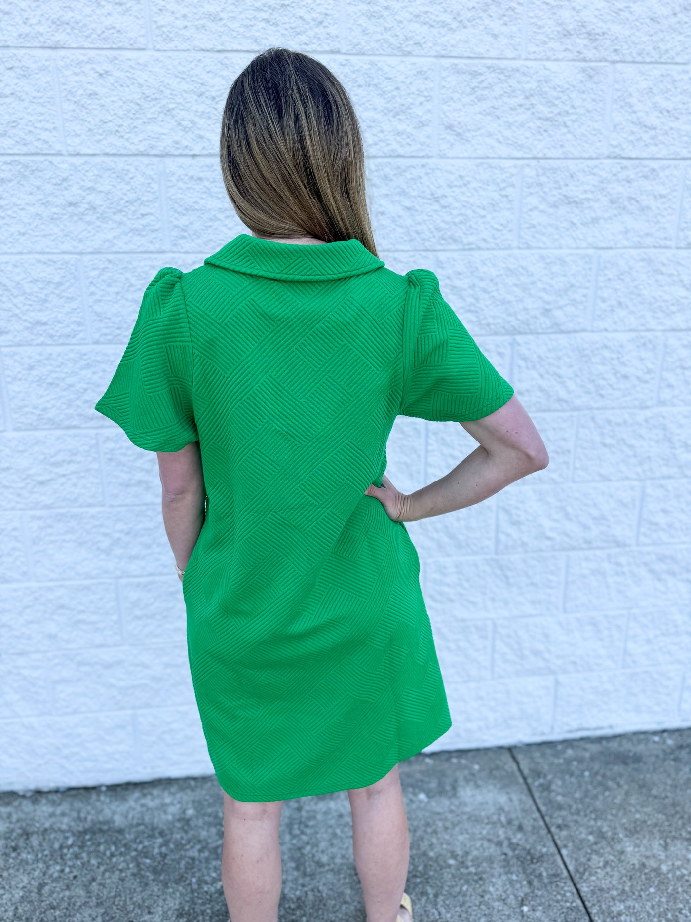 See and Be Seen Green Collared Texture Dress