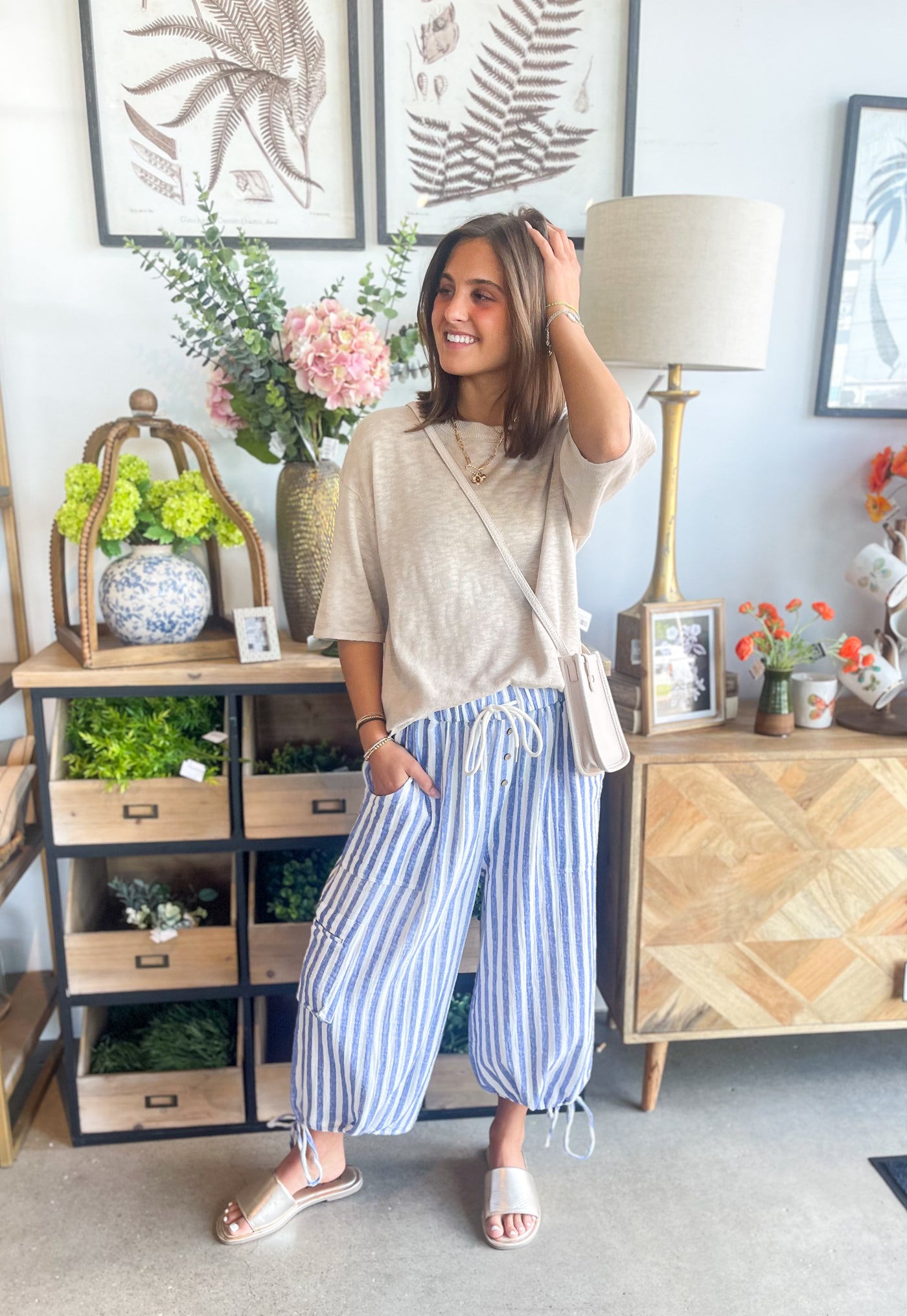 Be Cool Beige Relaxed Fit Slub Sleeve Top