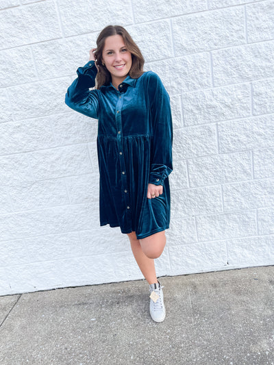 Teal Elaine Velvet Dress