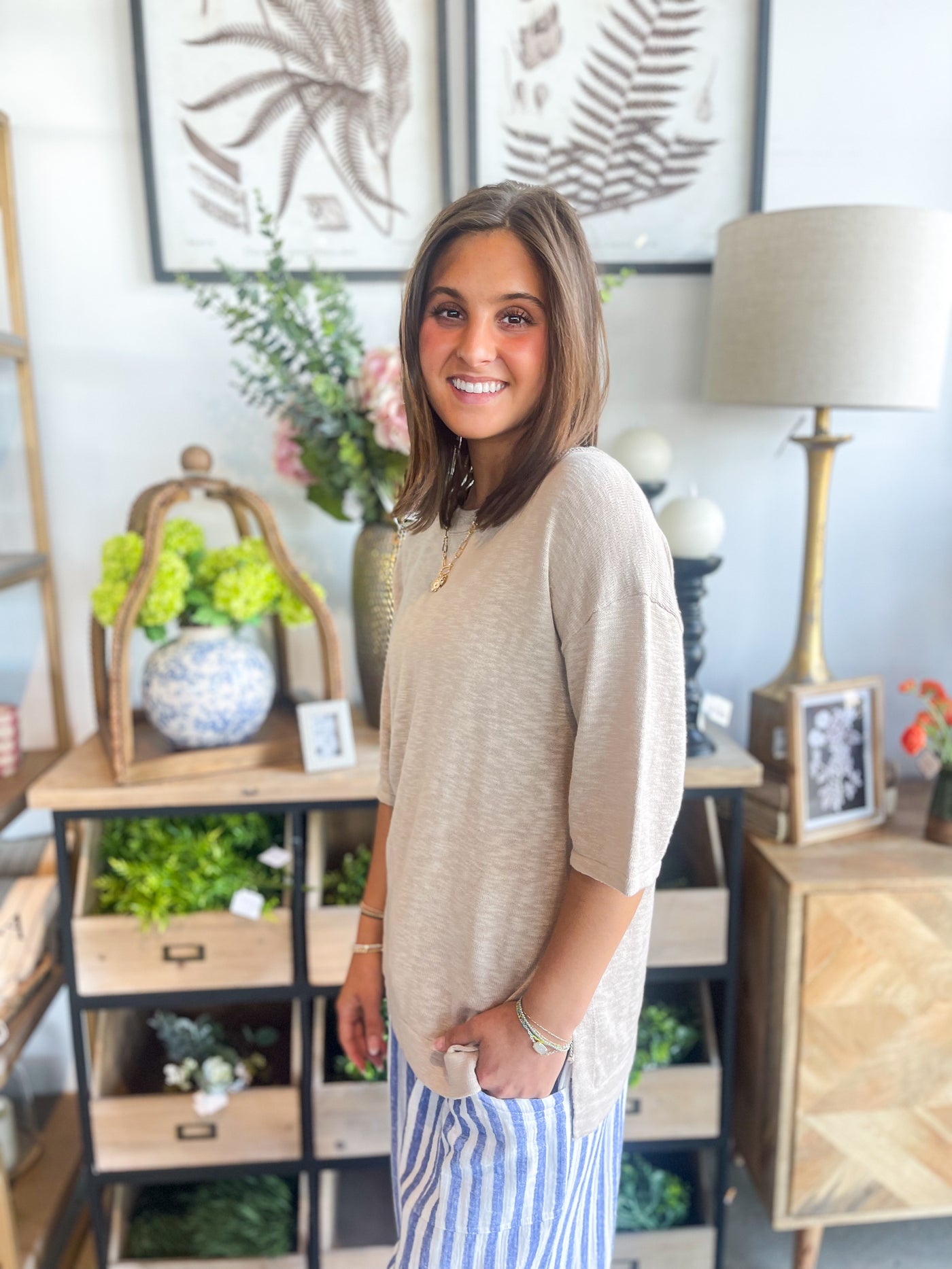Be Cool Beige Relaxed Fit Slub Sleeve Top