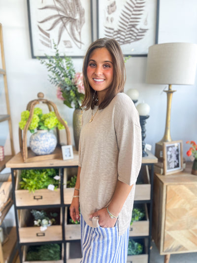 Be Cool Beige Relaxed Fit Slub Sleeve Top