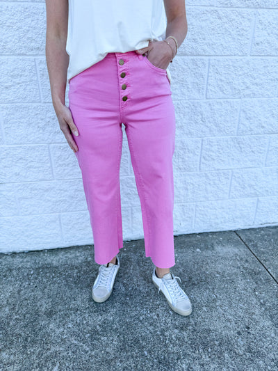 Barbie Pink Button Front Stretch Twill Pant