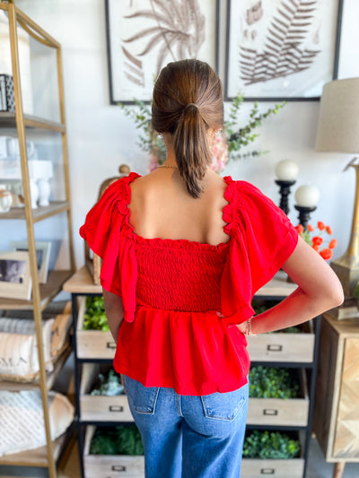 Red Kierra Flounce Sleeve Smocked Top