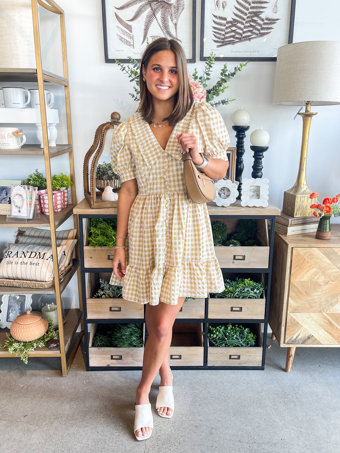 Beige Checked Baylor Dress