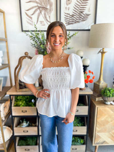 White Kinsley Smocked Bubble Sleeve Top