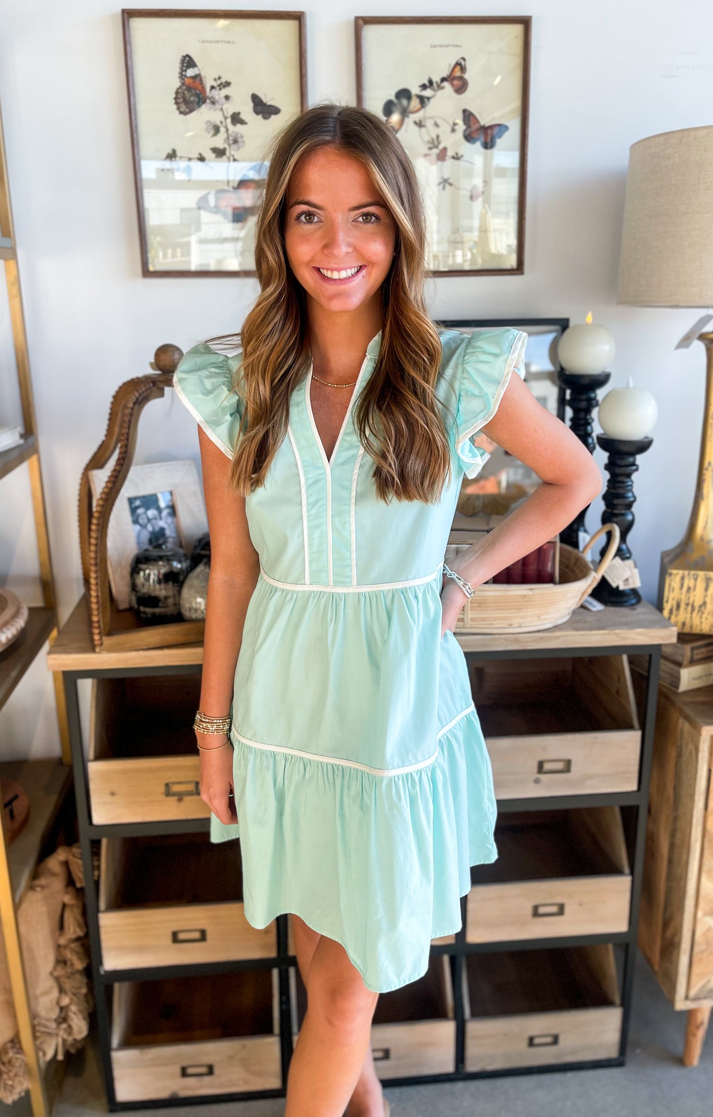 Mint Barre Ruffle Sleeve Dress