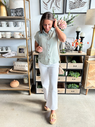 Verna Sage Stripe Gauze Button Top