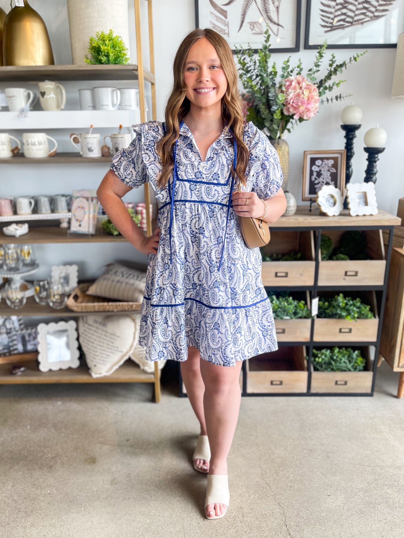White Blue Puff Sleeve Matti Dress