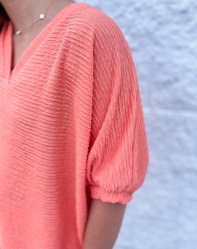 Melon Textured V Neck Dolman Short Sleeve Top