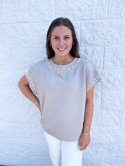 Oatmeal See and Be Seen Pearl Detail Top