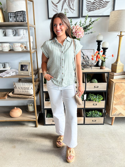 Verna Sage Stripe Gauze Button Top