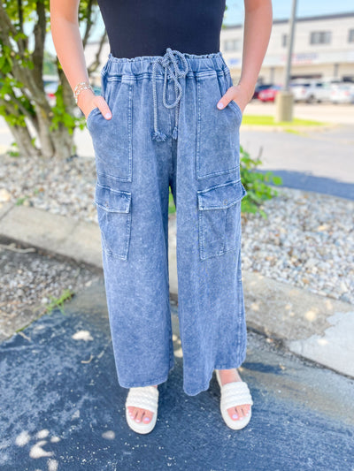 French Terry Charcoal Cargo Wide Leg Pants