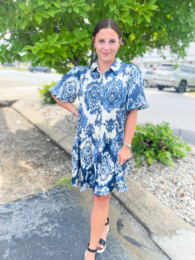 Voy Collared Paisley Print Puff Sleeved Dress