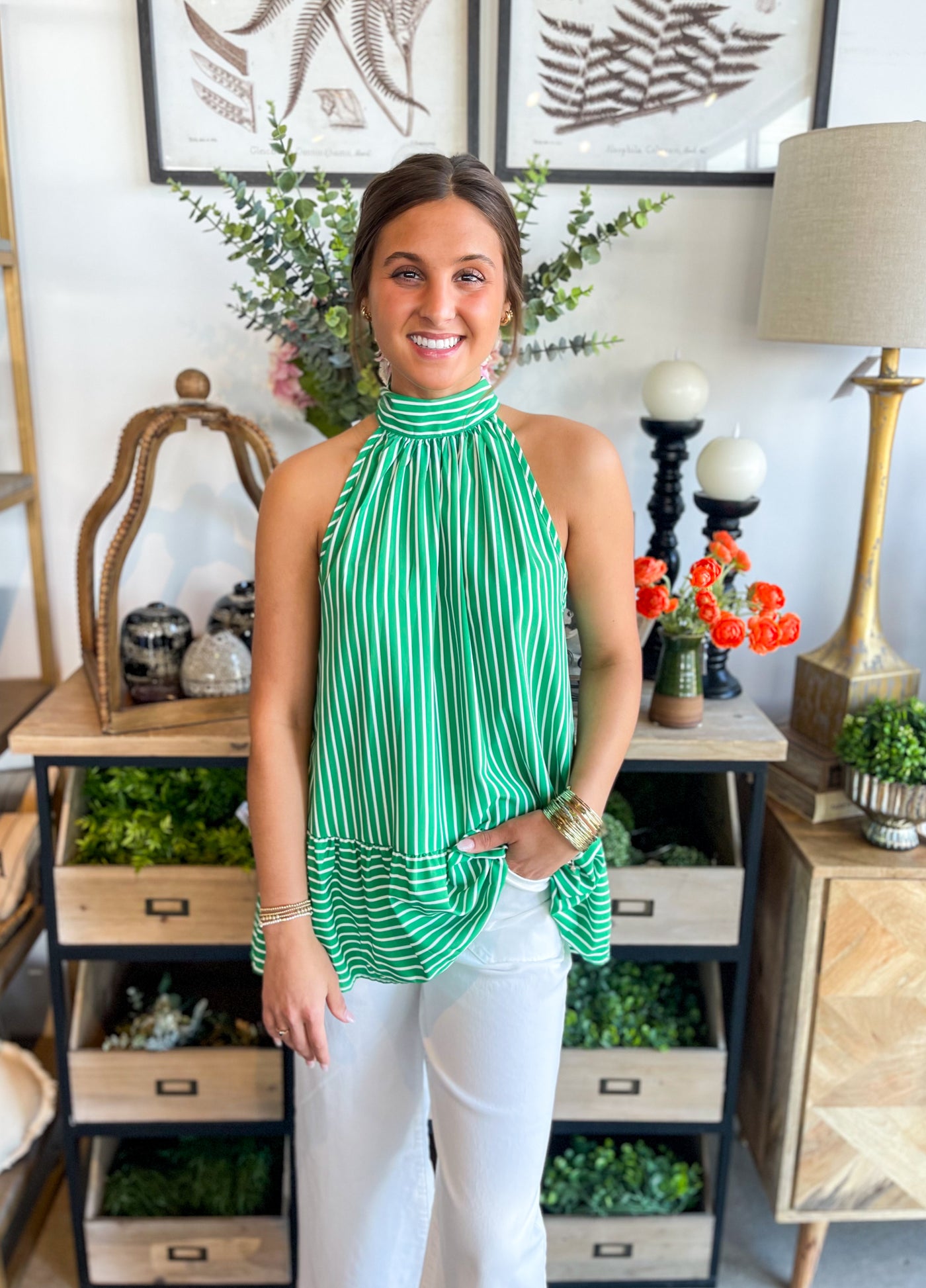 Kimber Green White Stripe Halter Bow Top