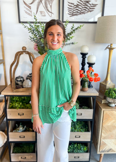 Kimber Green White Stripe Halter Bow Top