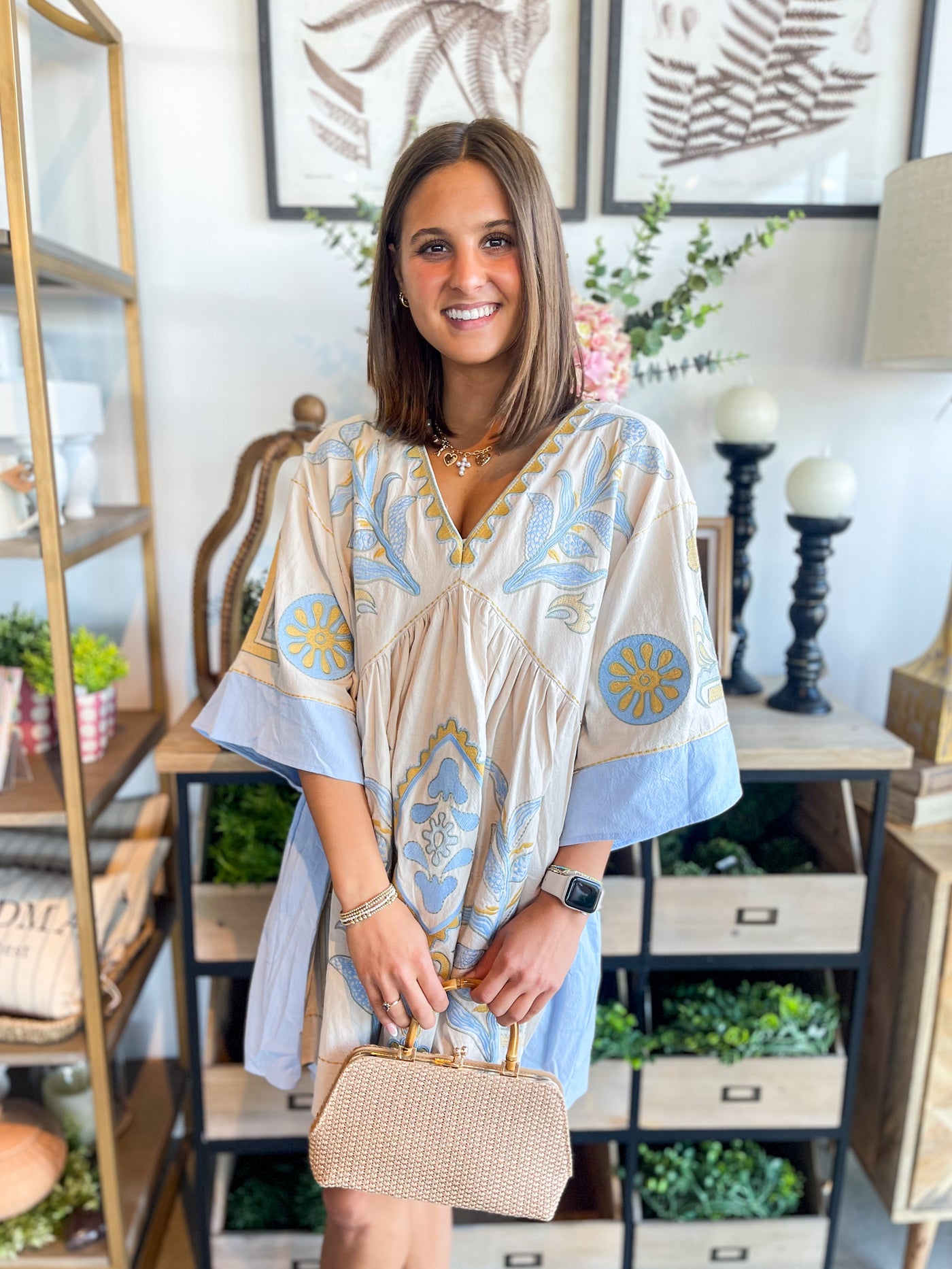 Zia Taupe Blue Embroidered Dress