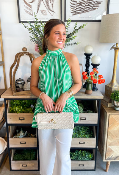 Kimber Green White Stripe Halter Bow Top
