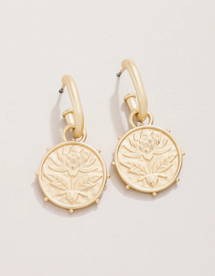 Lotus Drop Hoop Earrings Gold