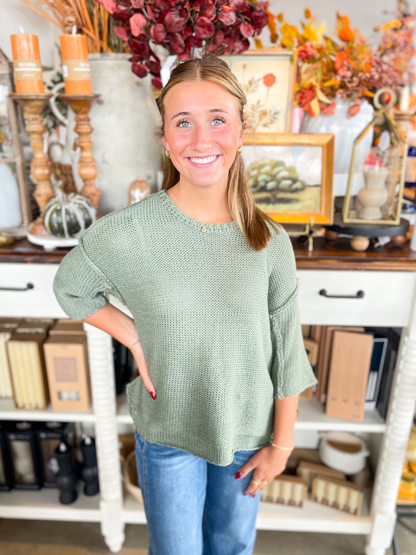 Dusty Sage Half Sleeve Knitted Sweater