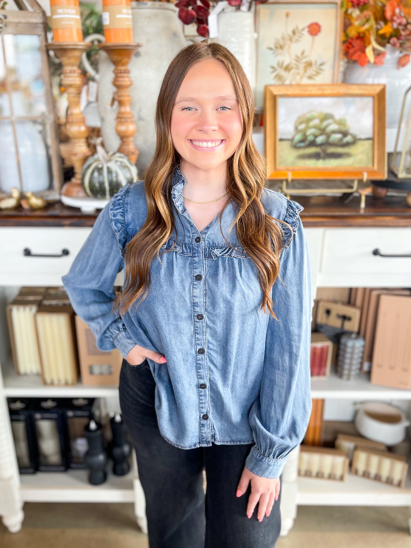 Ruffle Detail Denim Top