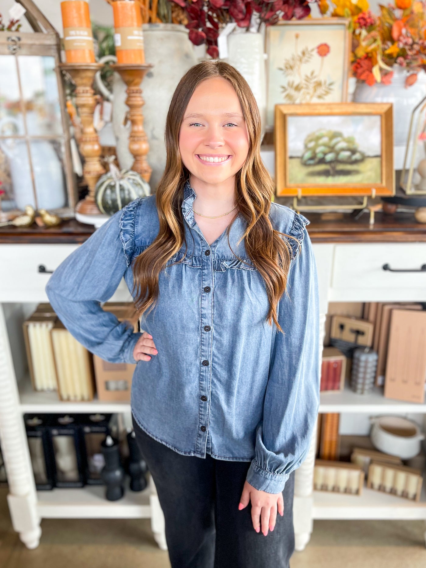 Ruffle Detail Denim Top