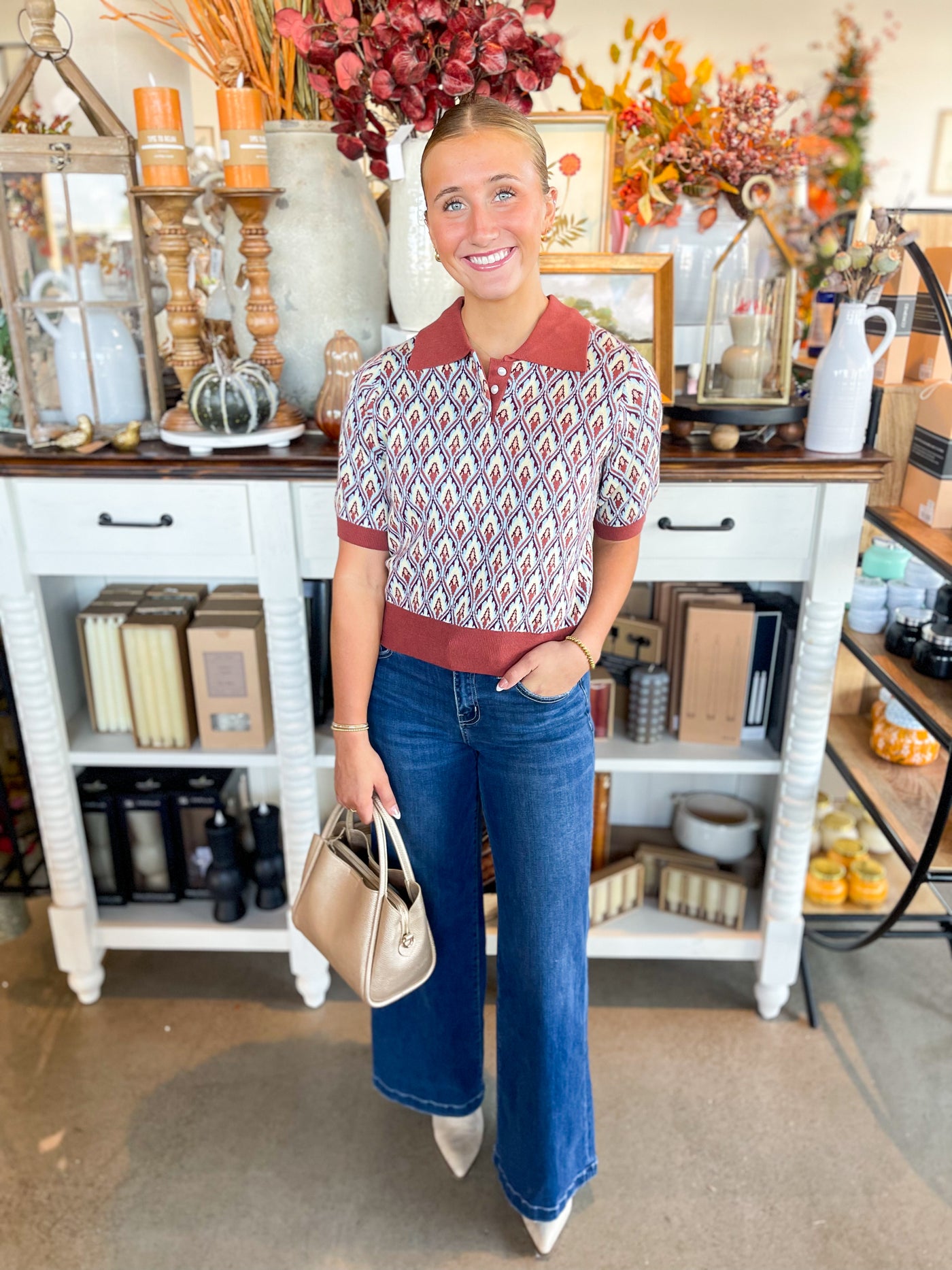 Voy Button Down Abstract Top