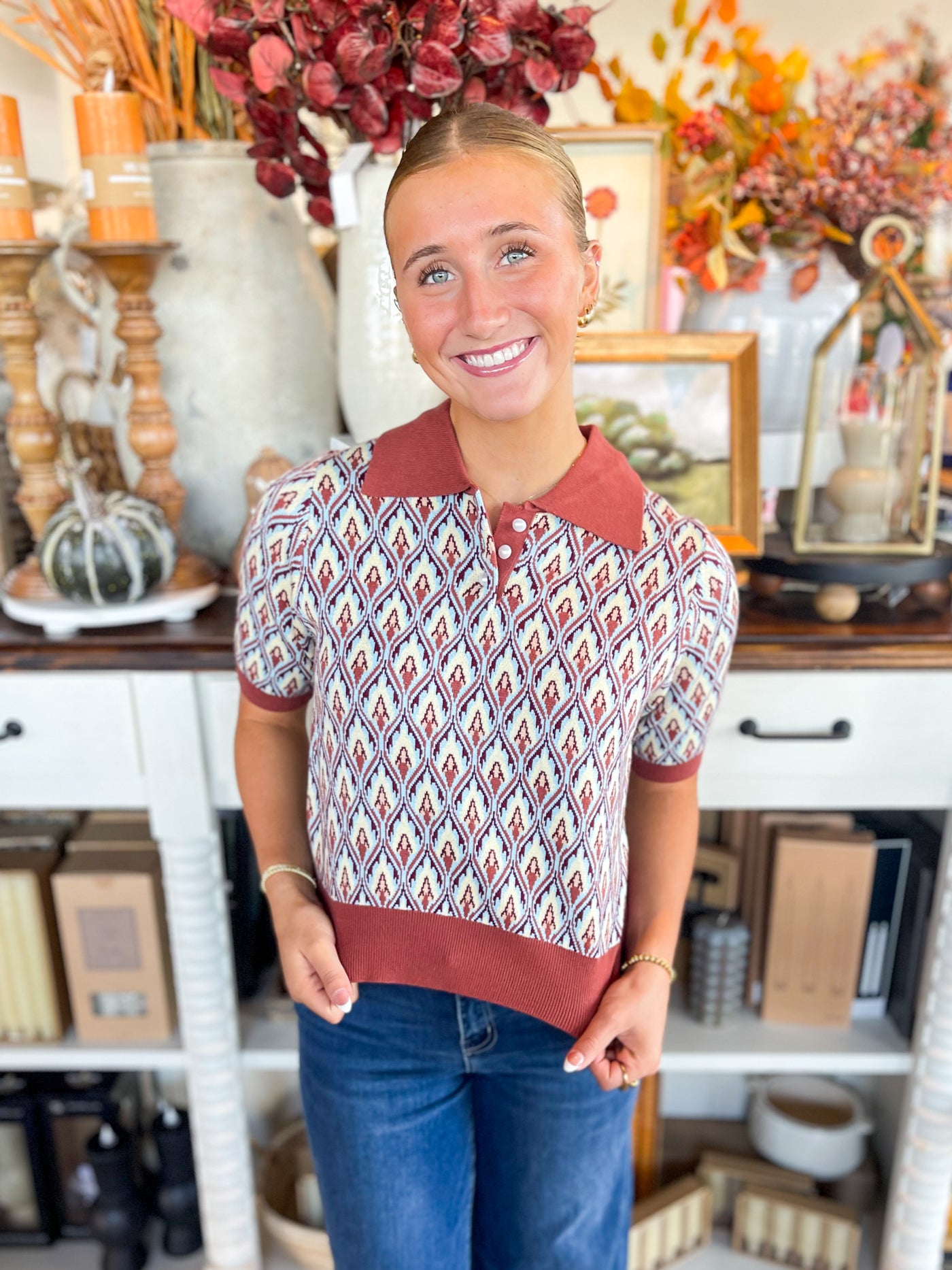 Voy Button Down Abstract Top