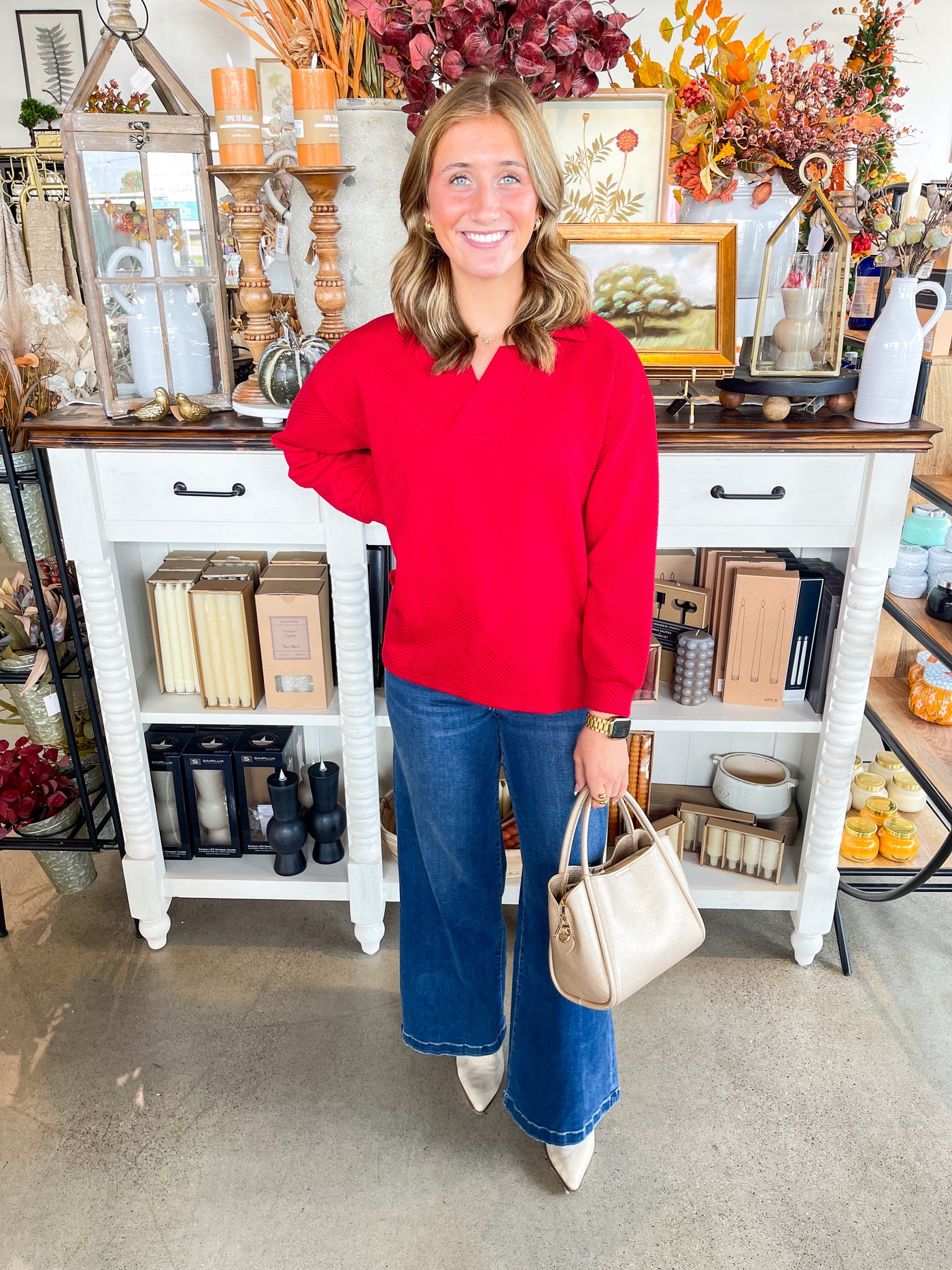 Red Texture Collared Top