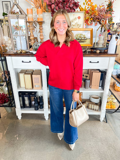 Red Texture Collared Top