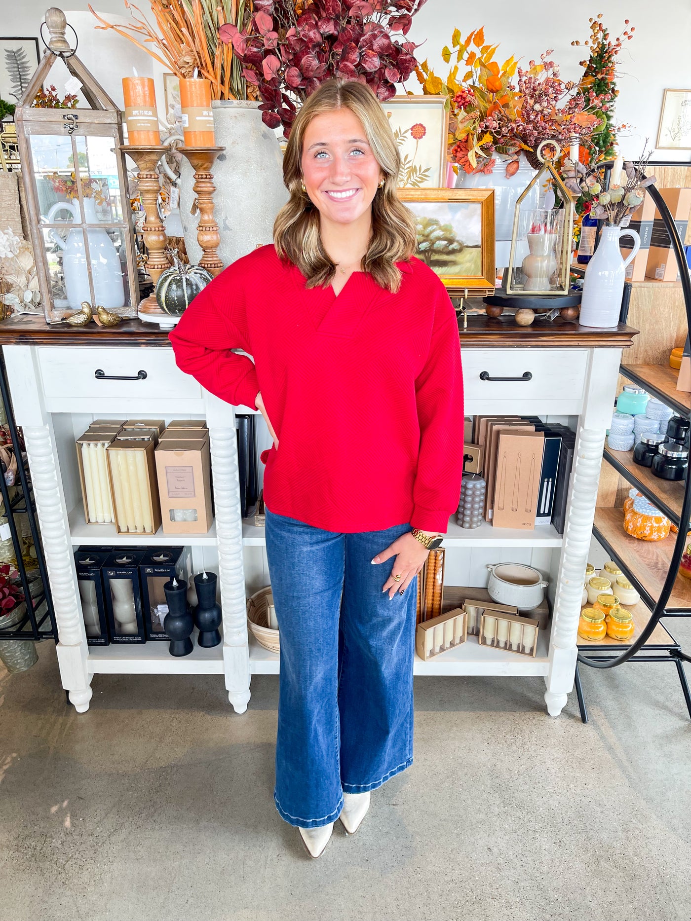 Red Texture Collared Top