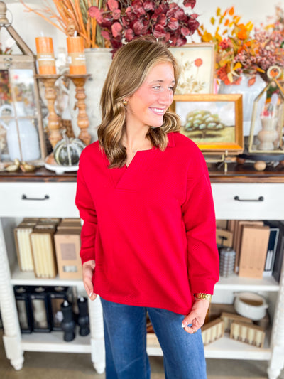 Red Texture Collared Top