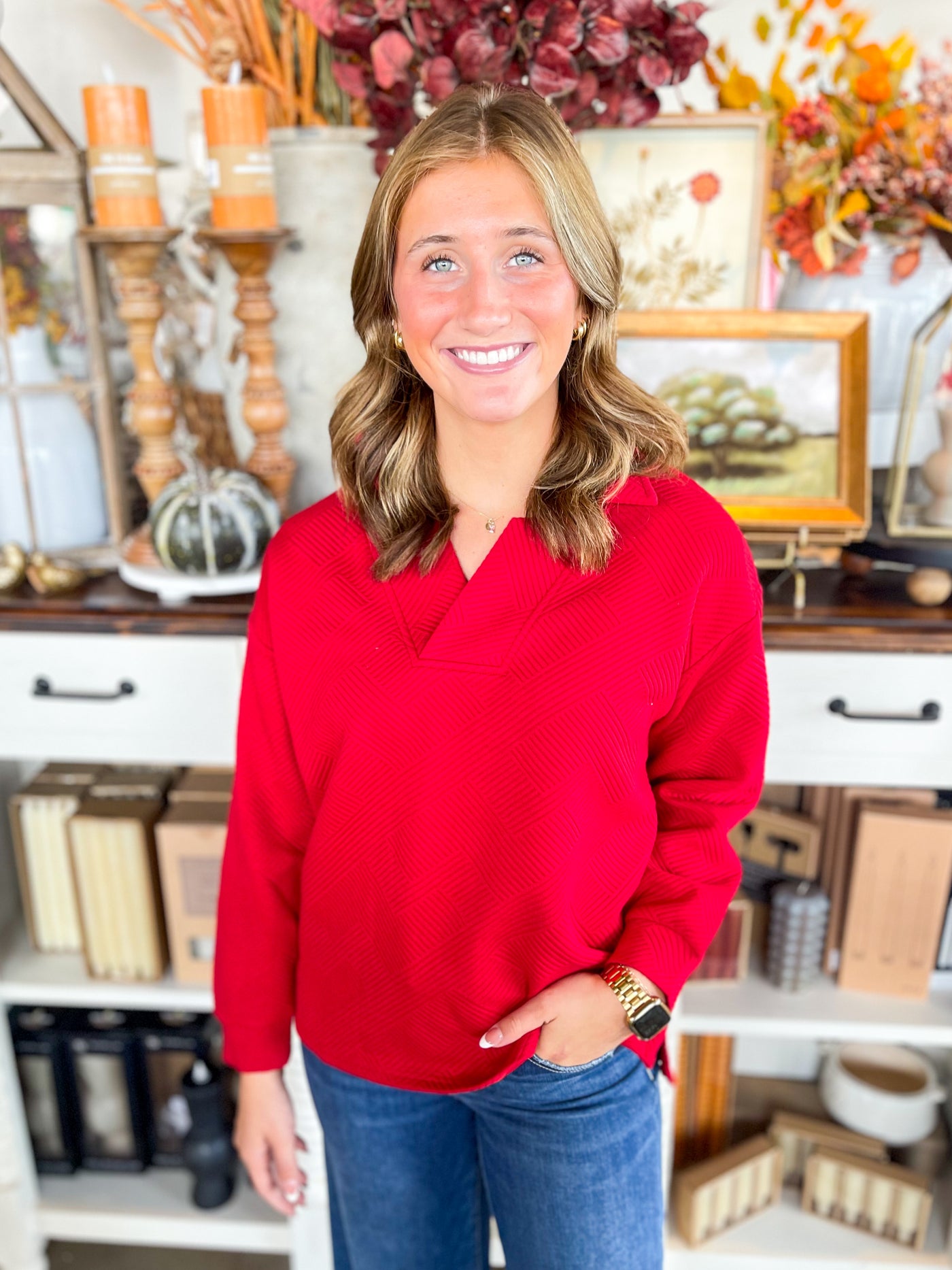 Red Texture Collared Top