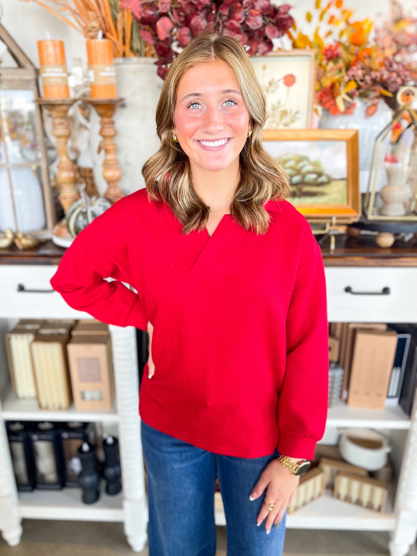 Red Texture Collared Top