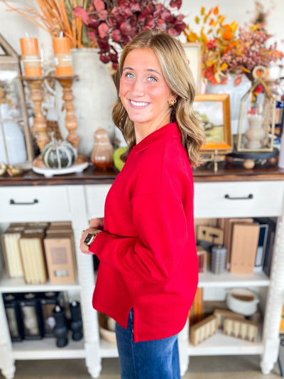 Red Texture Collared Top